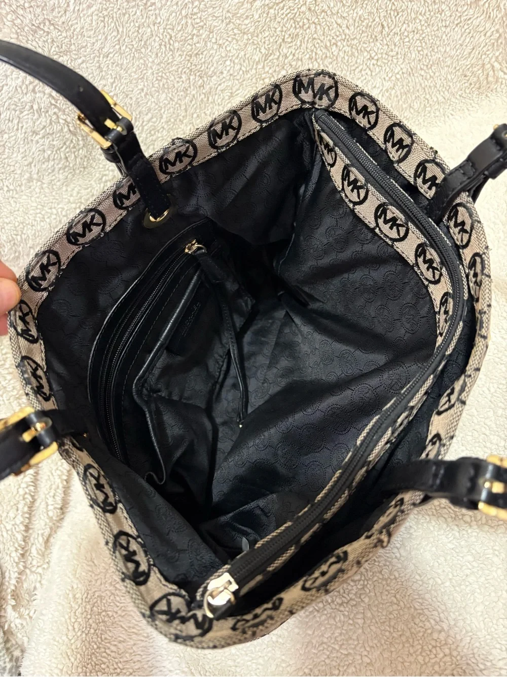 Michael Kors Beige and Black MK Logo Tote with Gold Charm